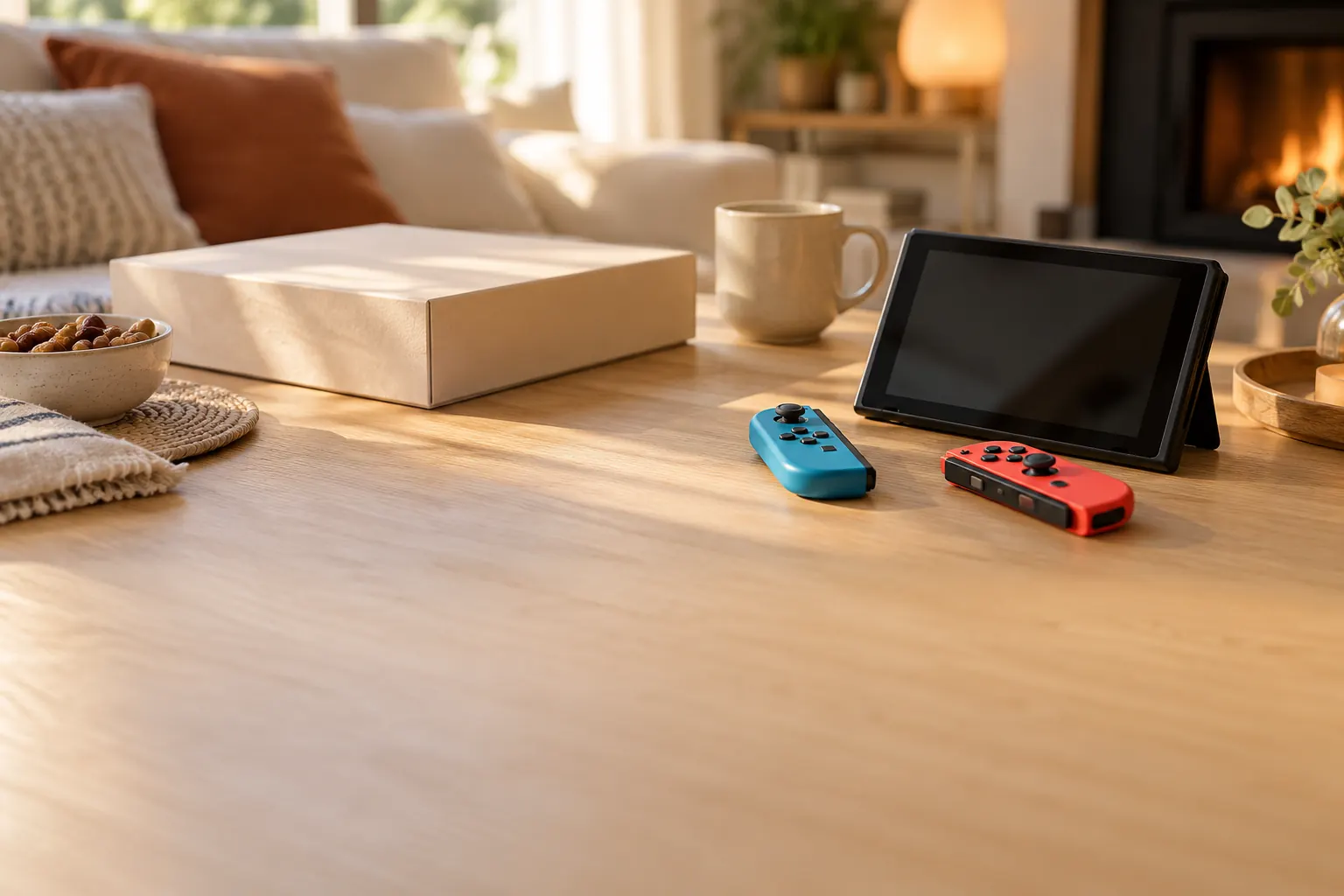 Console portable et ses deux manettes rouge et bleue sur une table de salon en bois clair